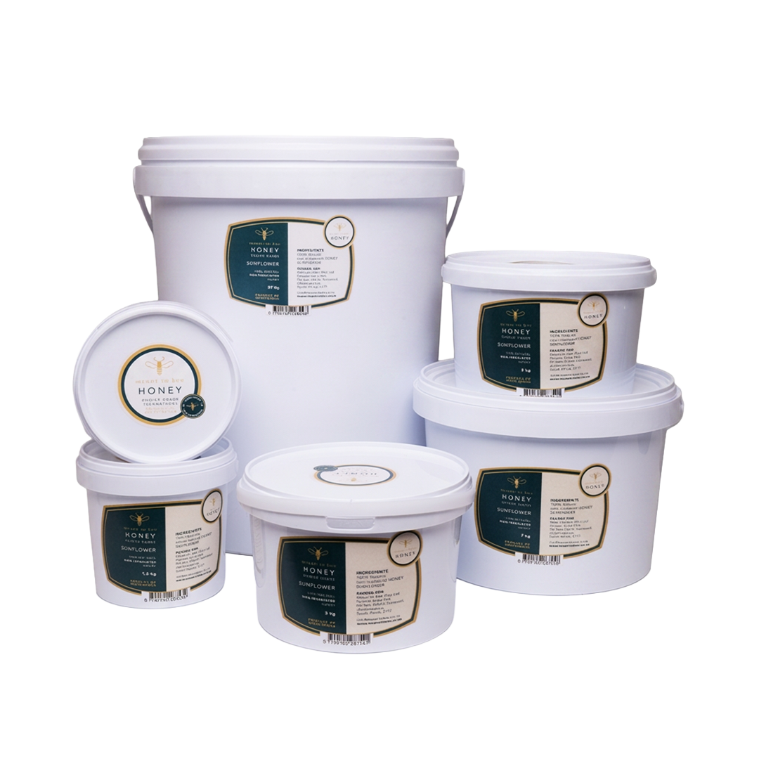 The Meant To Bee Sunflower honey bucket range, from a small tub to a large bulk bucket.